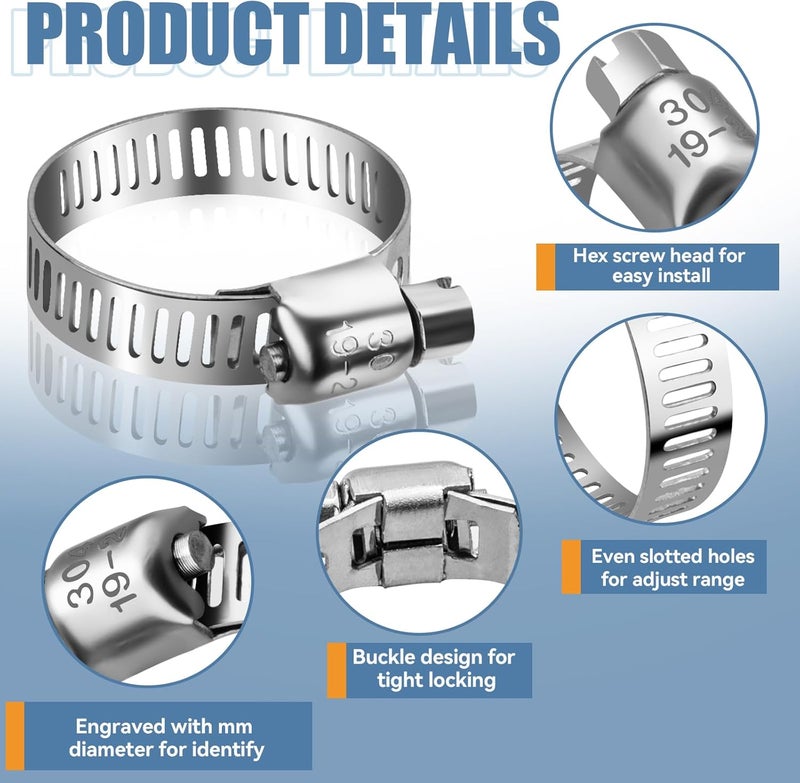 DLOUBLEIY Hose Clamp,15PCS Stainless Steel Hose Clamps with Worm Gear, Adjustable 1/4'' to 7/16'' (6-12mm) for Plumbing, Automotive, and Mechanical Applications - Image 3